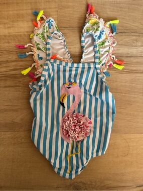 Girls Blue & White Stripe Flamingo One-Piece Swimsuit